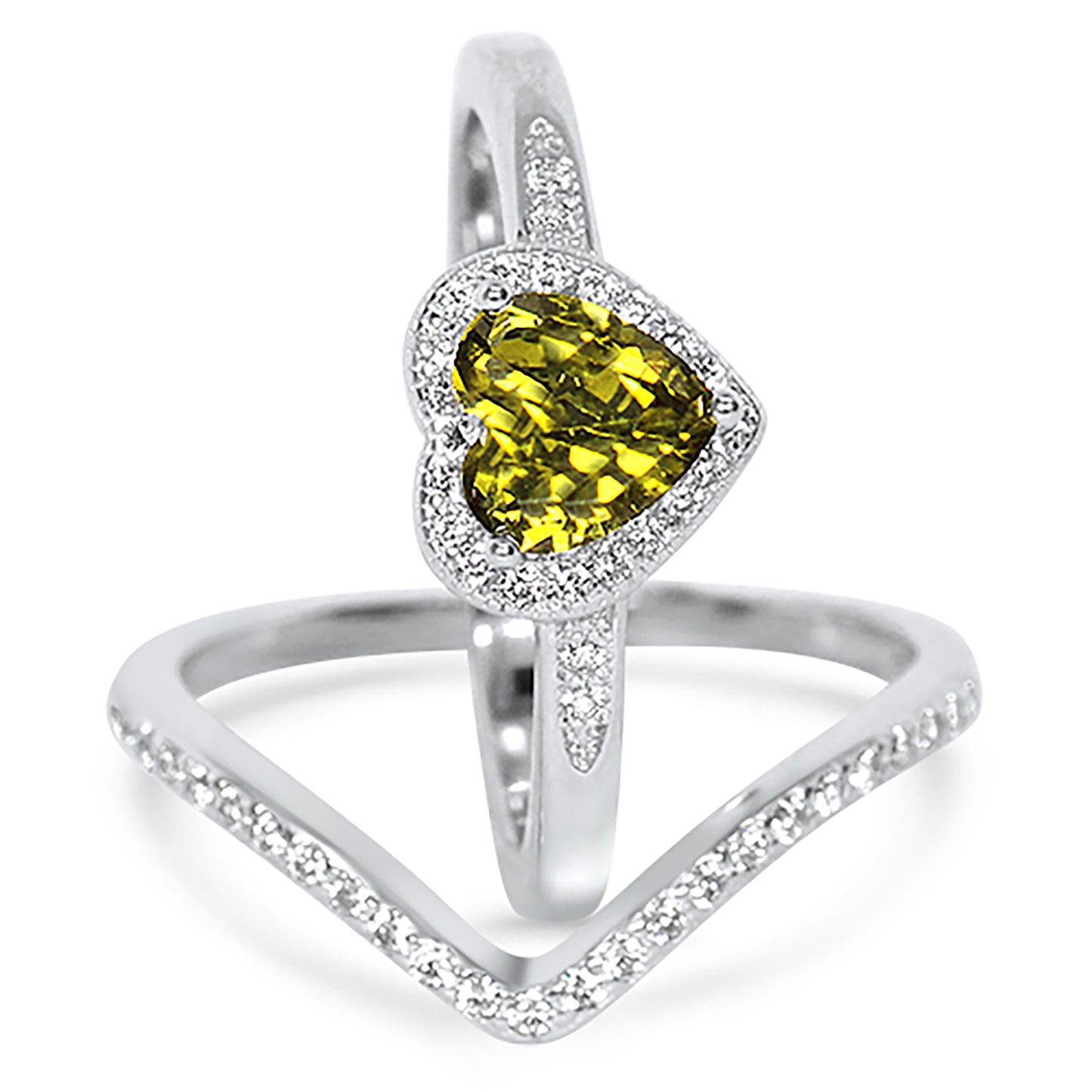1 Carat Heart Cut Peridot Color CZ Sterling Silver Wedding Ring Set