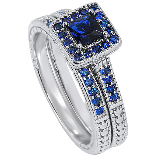Unique Blue CZ Halo Setting Sterling Silver Wedding Engagement Ring Set