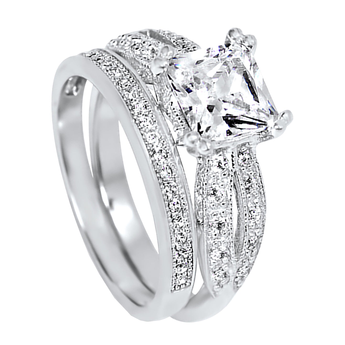 1 Carat Princess Cut CZ Silver Wedding Engagement Ring Set