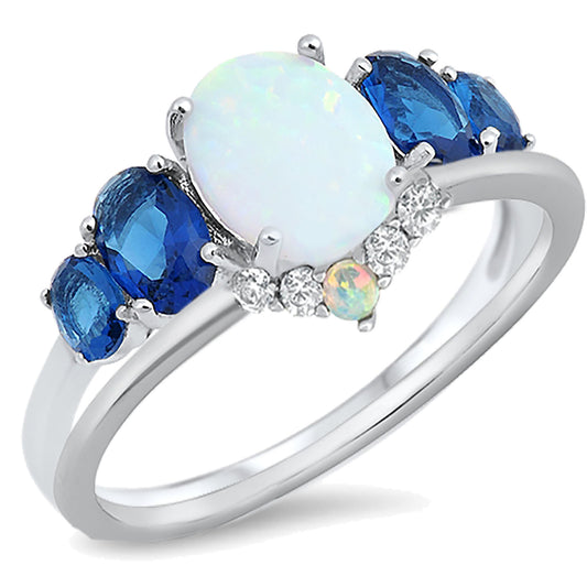 Oval Lab Created White Opal and Simulated Sapphire Sterling Silver Wedding Ring Set