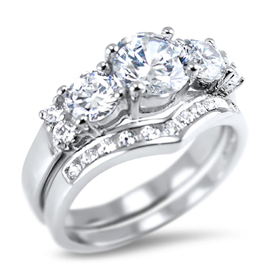 3 Stone White CZ Round Silver Wedding Engagement Ring Set