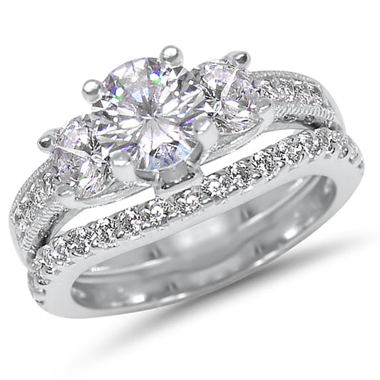 3 Stone Round Brilliant Cut CZ Silver Wedding Engagement Ring Set