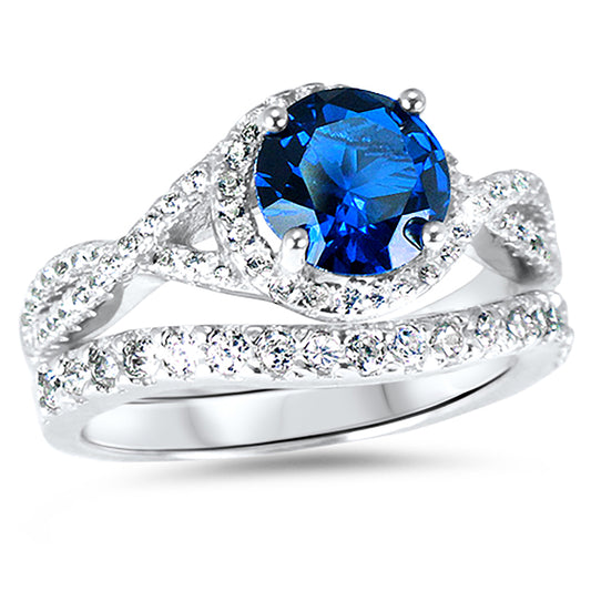 1 Carat Round Cut Blue Sapphire Color CZ Silver Wedding Ring Set