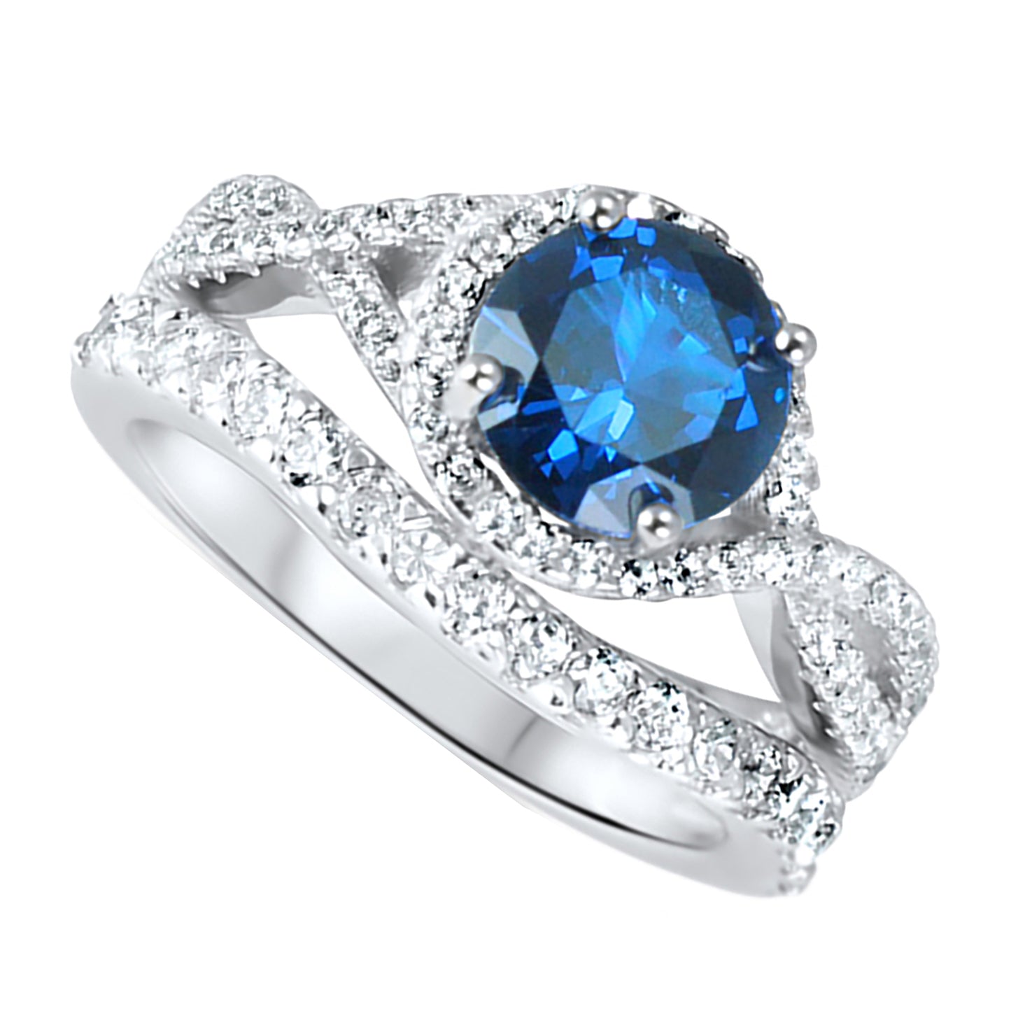 1 Carat Round Cut Blue Sapphire Color CZ Silver Wedding Ring Set