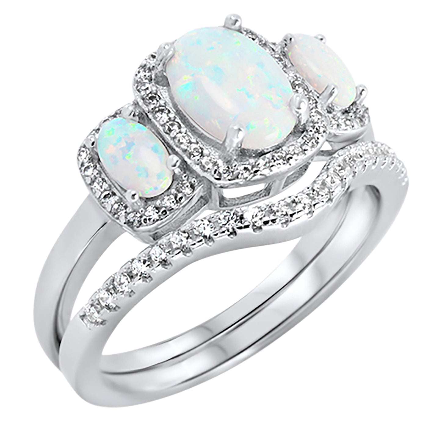 1 Carat White Opal Triple Halo Vintage Sterling Silver Wedding Engagement Ring Set