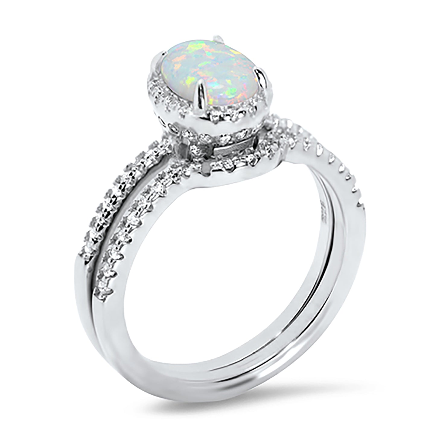 1 Carat Oval Lab Created White Opal Sterling Silver CZ Wedding Engagement Ring Set for Women