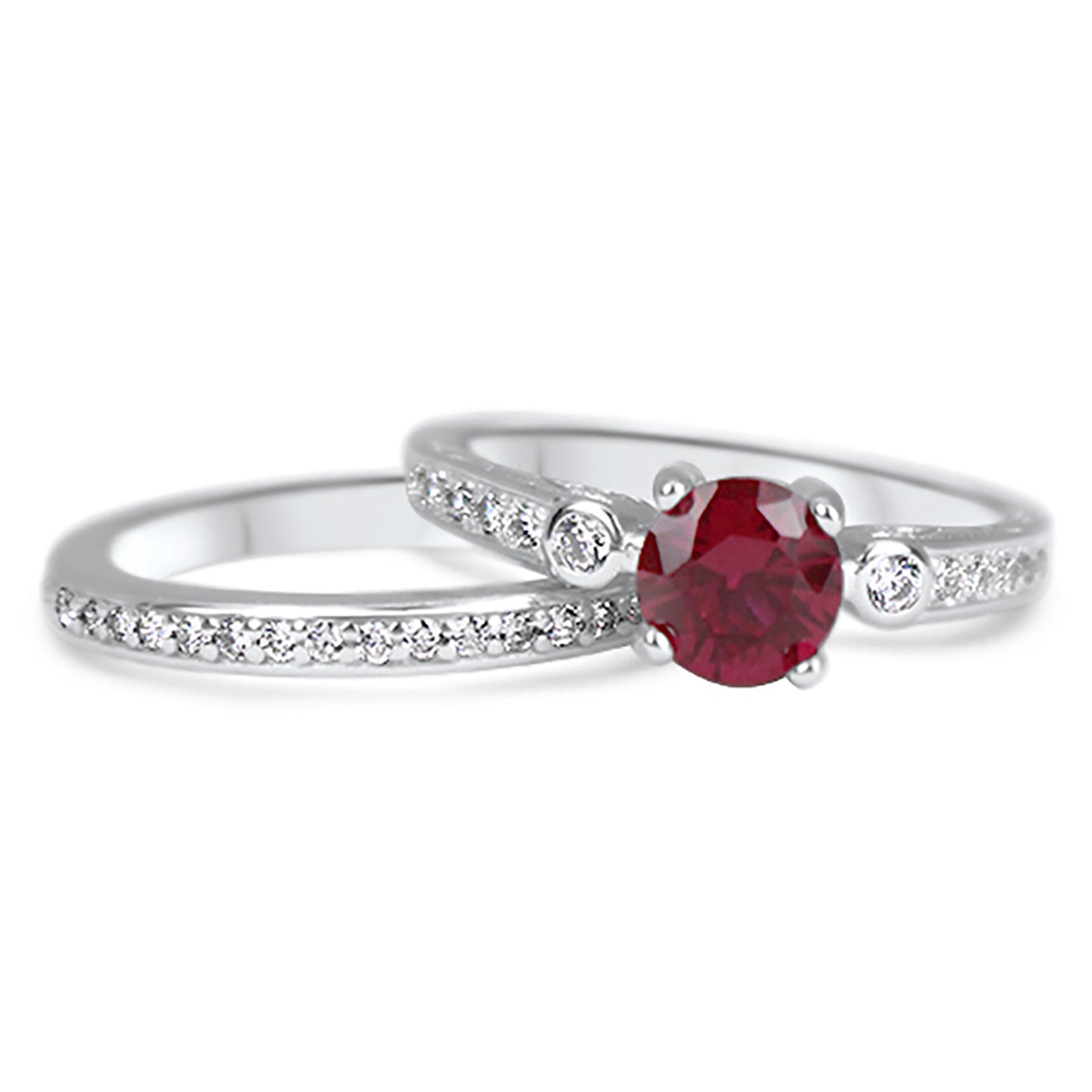 .75 Carat Red CZ Simulated Ruby Three Stone Silver Wedding Ring Set