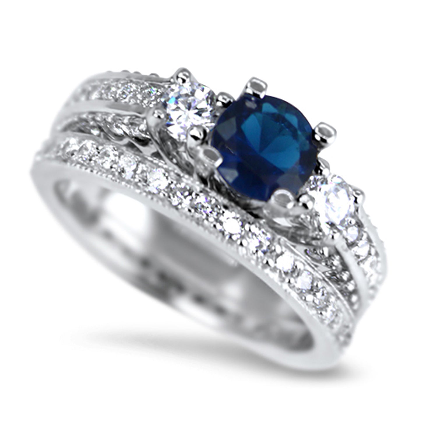 .75 Carat Blue CZ Simulated Sapphire Three Stone Silver Wedding Ring Set
