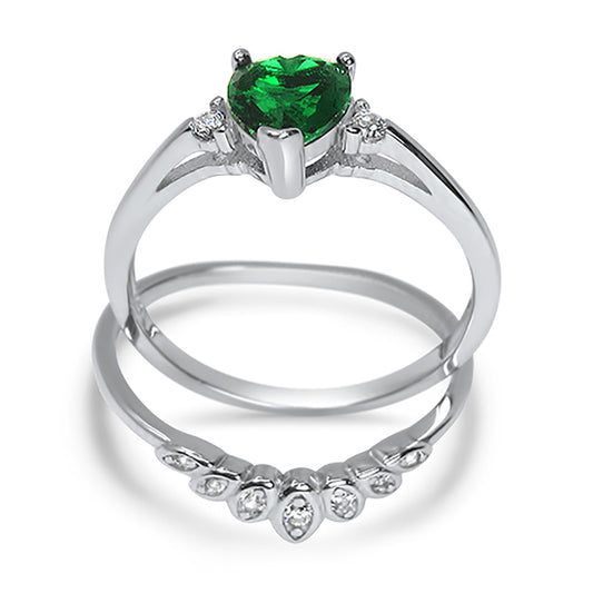 Heart Cut Simulated Emerald Green CZ Wedding Engagement Ring Set
