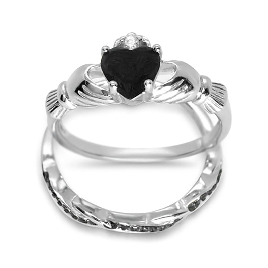 Irish Claddagh Sterling Silver Black Wedding Engagement Ring Set