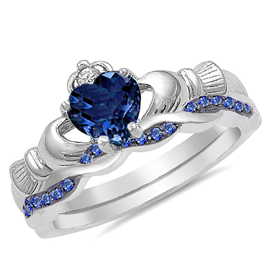 Irish Claddagh Blue Simulated Sapphire Sterling Silver Wedding Engagement Ring Set