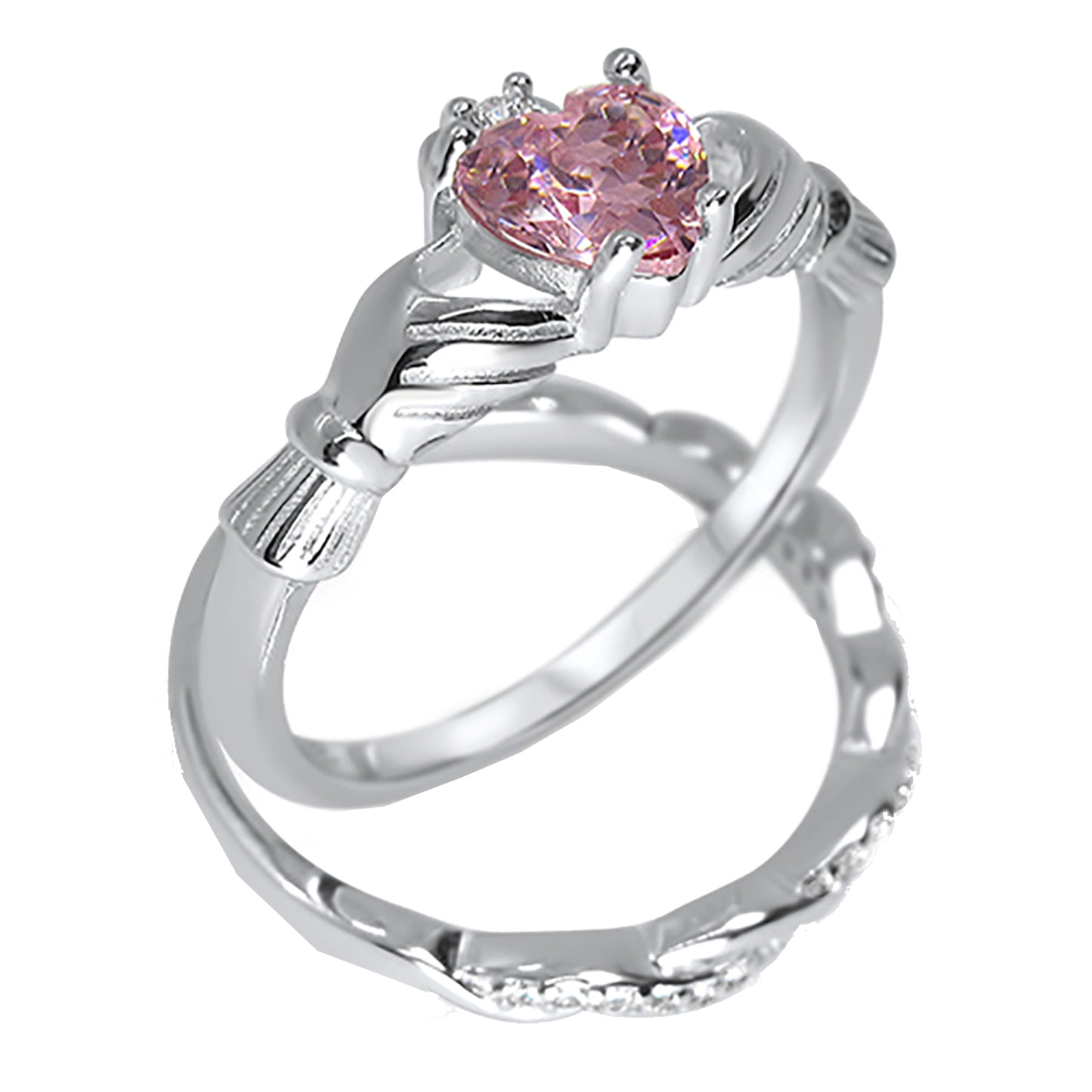 Irish Claddagh Simulated Pink Topaz Silver Wedding Engagement Ring Set