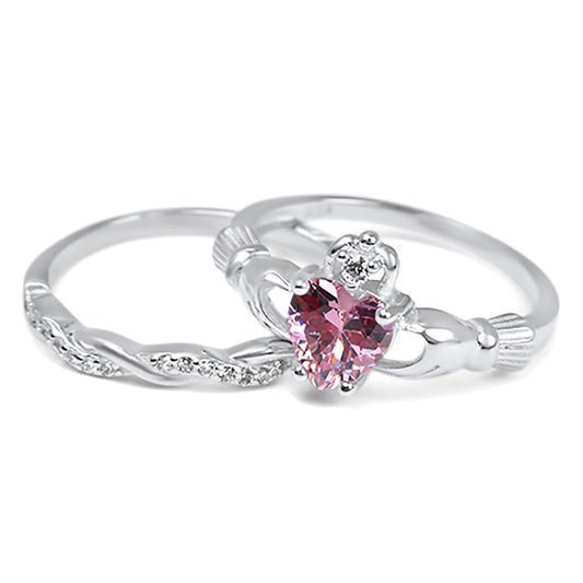 Irish Claddagh Simulated Pink Topaz Silver Wedding Engagement Ring Set
