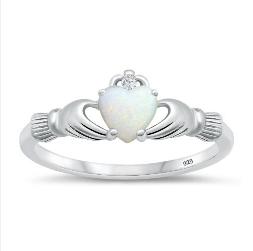 White Opal Irish Claddagh Sterling Silver Wedding Engagement Ring Set
