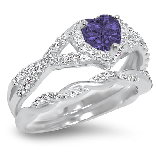 1 Carat Purple CZ Antique Style Silver Wedding Engagement Ring Set