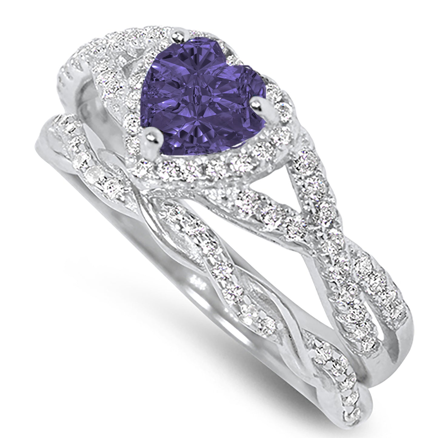 1 Carat Purple CZ Antique Style Silver Wedding Engagement Ring Set