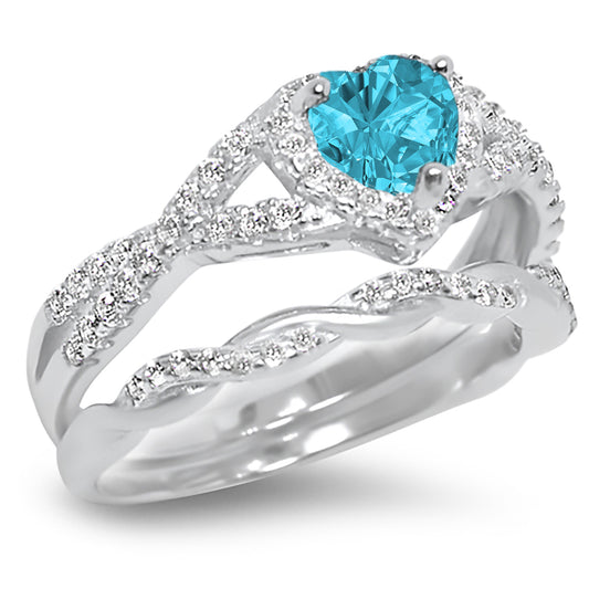 1 Carat Aqua Blue CZ Antique Style Silver Wedding Engagement Ring Set