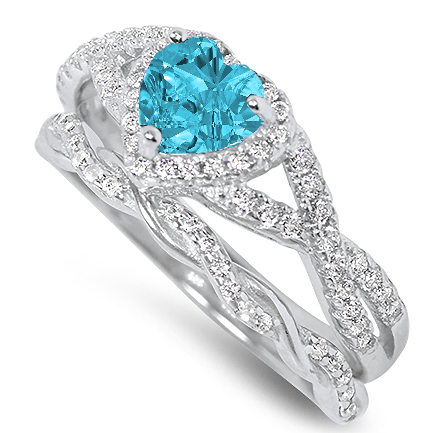 1 Carat Aqua Blue CZ Antique Style Silver Wedding Engagement Ring Set