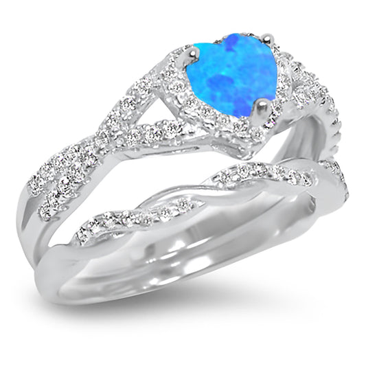 1 Carat Lab Created Blue Opal and CZ Vintage Design Silver Wedding Engagement Ring Set