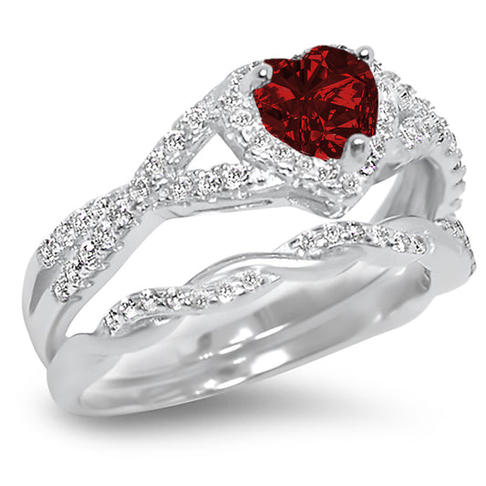 1 Carat Red CZ Antique Style Silver Wedding Engagement Ring Set