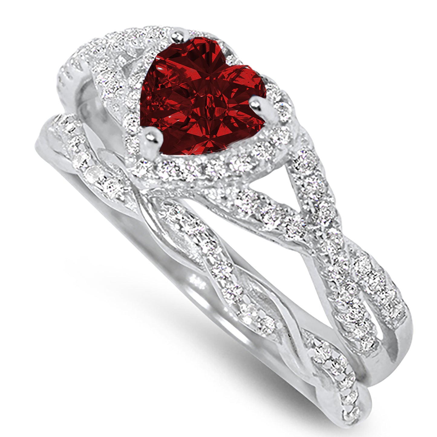 1 Carat Red CZ Antique Style Silver Wedding Engagement Ring Set