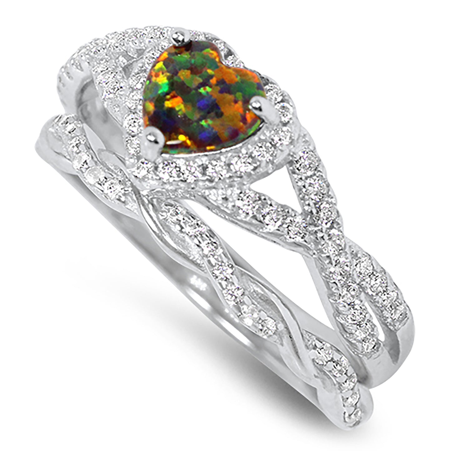 1 Carat Fire Opal Heart Cut Sterling Silver Wedding Engagement Ring Set