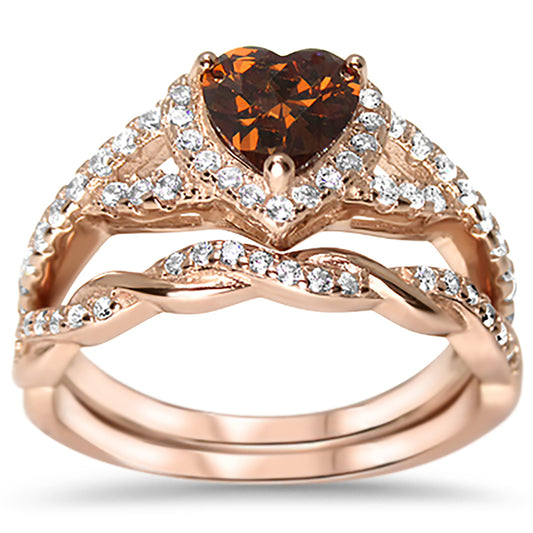 1 Carat Simulated Topaz CZ Heart Rose Gold Plated Silver Wedding Ring Set