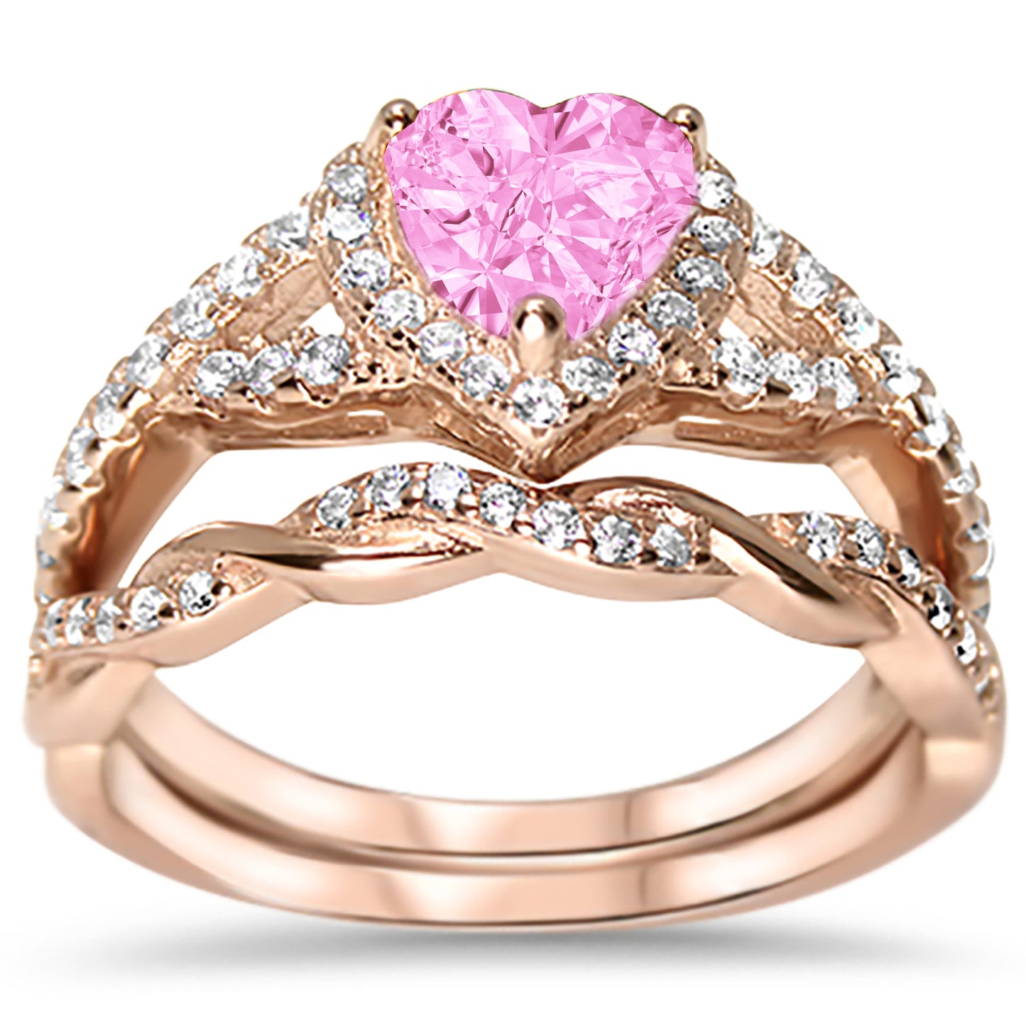 1 Carat Simulated Morganite Heart Cut Rose Gold Plated Silver Wedding Engagement Ring Set
