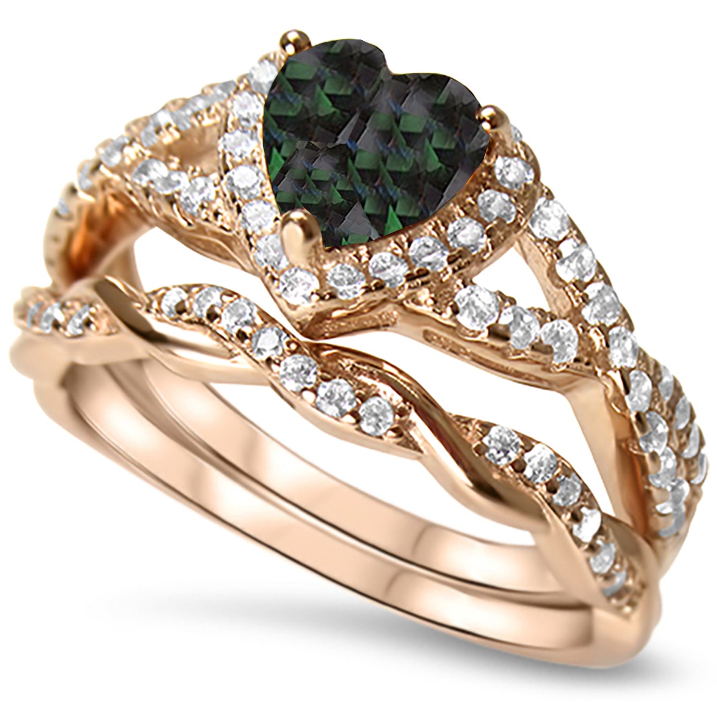 1 Carat Simulated Rainbow Topaz Black CZ Heart Cut Rose Gold Plated Silver Wedding Engagement Ring Set