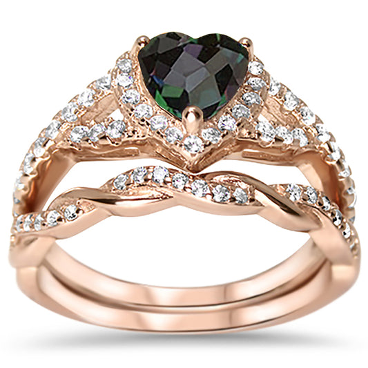 1 Carat Simulated Rainbow Topaz Black CZ Heart Cut Rose Gold Plated Silver Wedding Engagement Ring Set