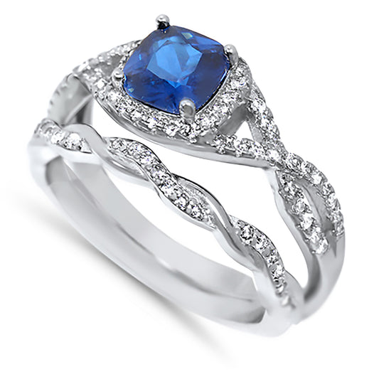1 Carat Blue Simulated Sapphire Silver Wedding Engagement Ring Set