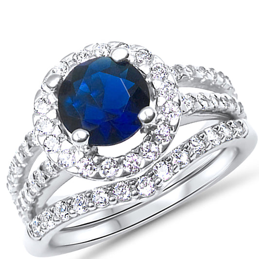 1 Carat Blue CZ Halo Setting Sterling Silver Wedding Engagement Ring Set
