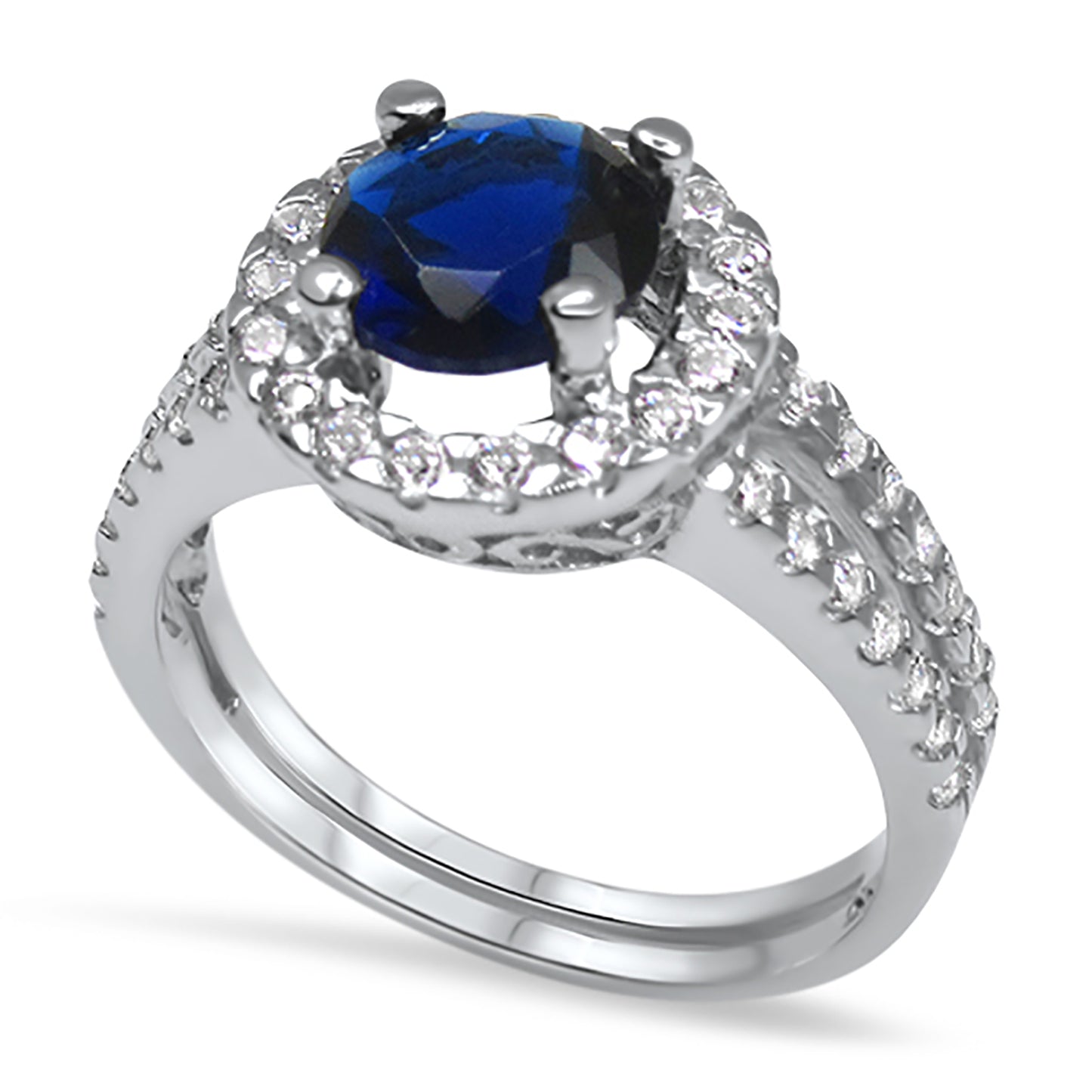 1 Carat Blue CZ Halo Setting Sterling Silver Wedding Engagement Ring Set