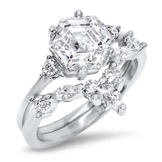 1 Carat Art Deco Vintage Silver Wedding Engagement Ring Set