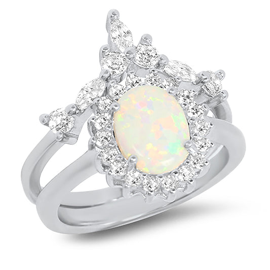 Vintage Art Deco 2 Carat Oval Lab Created Opal Sterling Silver Wedding Ring Set