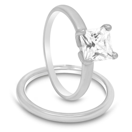 1 Carat Princess Cut CZ Sterling Silver Wedding Engagement Ring Set