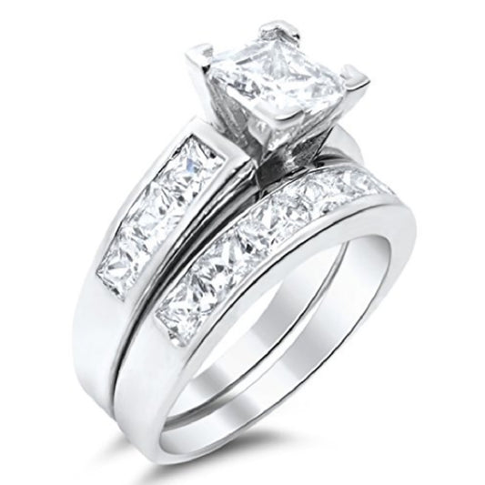 1.5 Carat Princess Cut Sterling Silver Wedding Engagement Ring Set