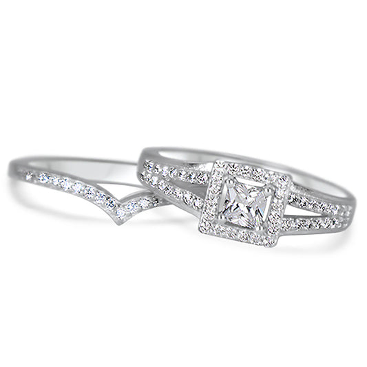 1 Carat Princess Cut Vintage Art Deco Silver Wedding Engagement Ring Set