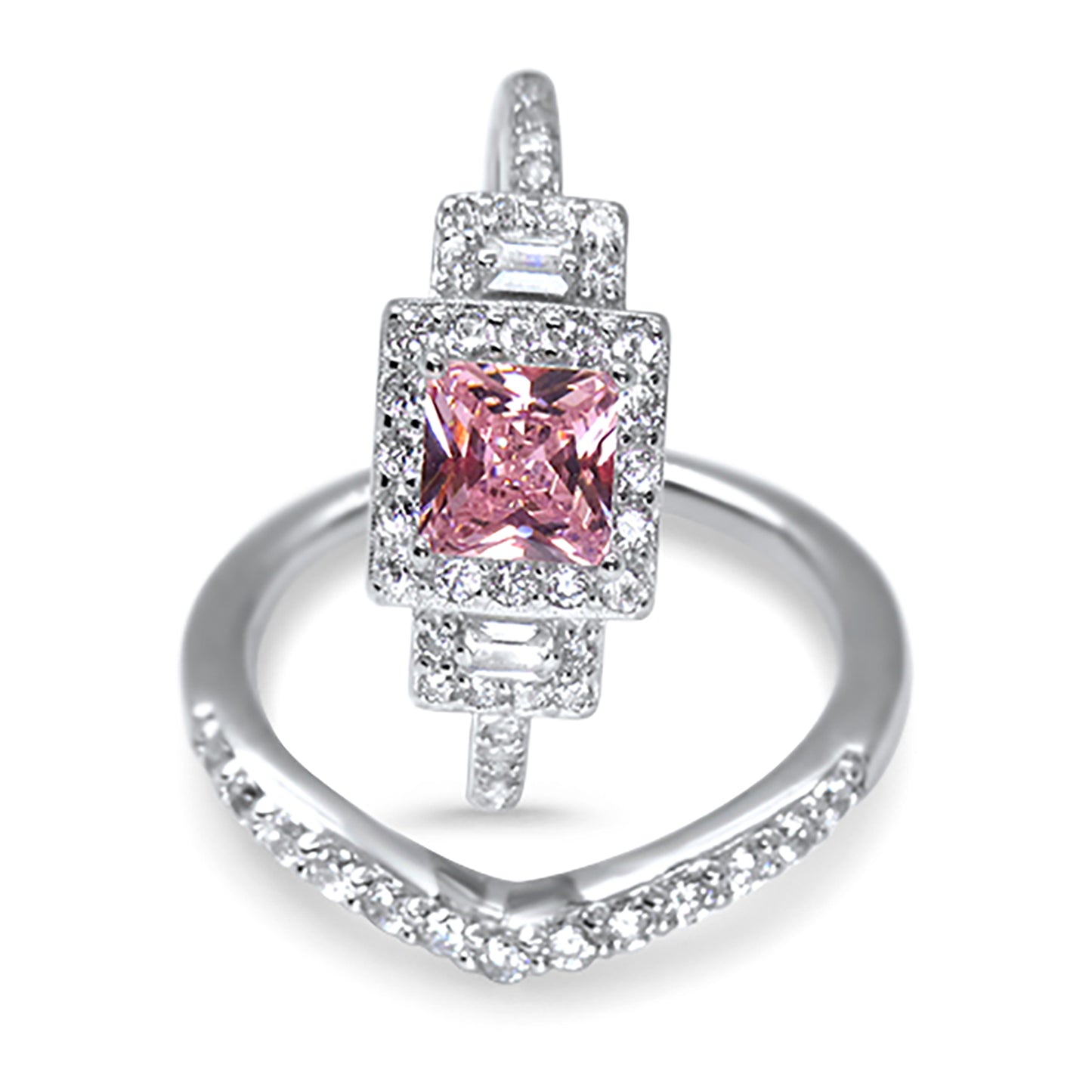Princess Cut Pink CZ Silver Wedding Engagement Ring Set Sterling Silver