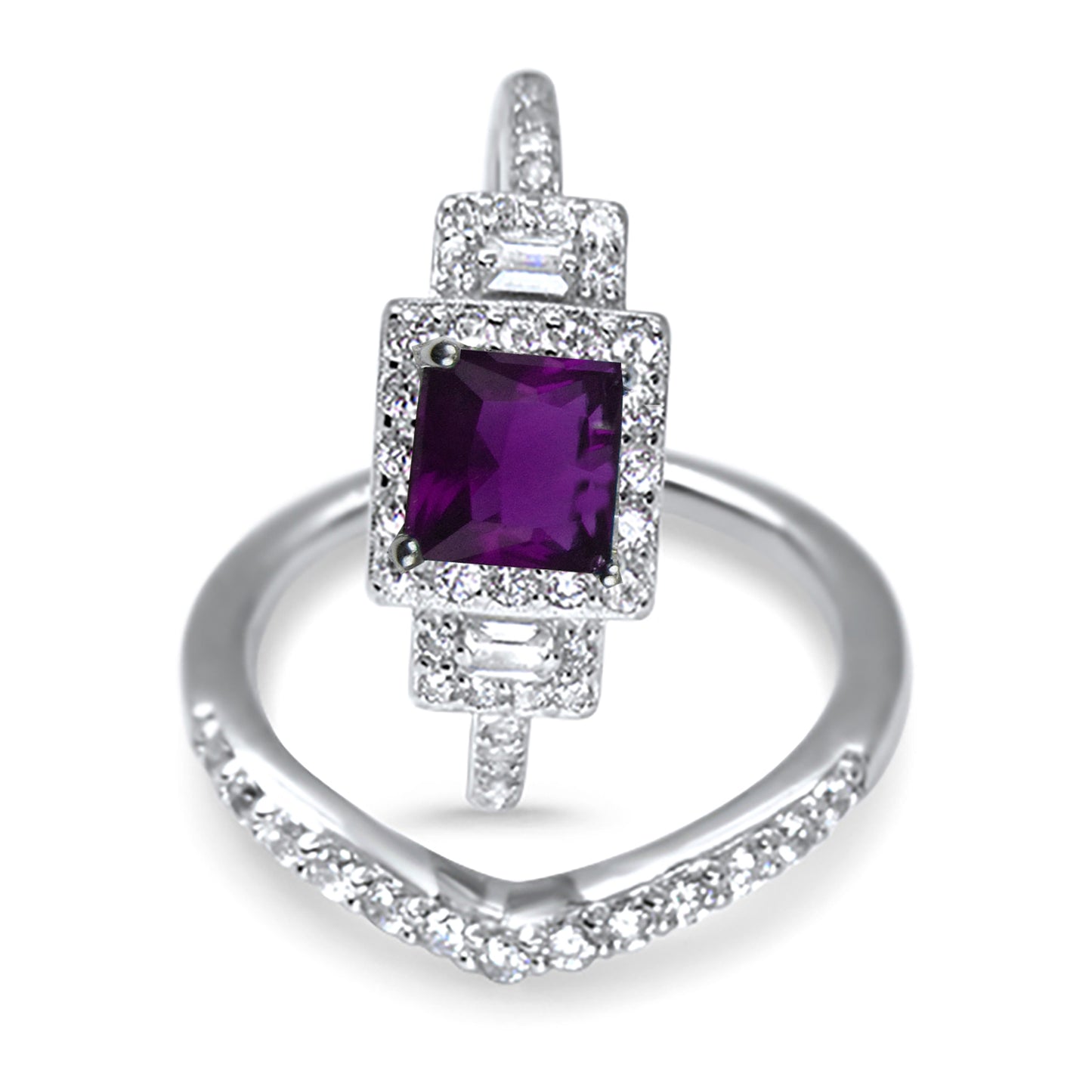 1 Carat Princess Cut Purple CZ Three Stone Wedding Engagement ring Set