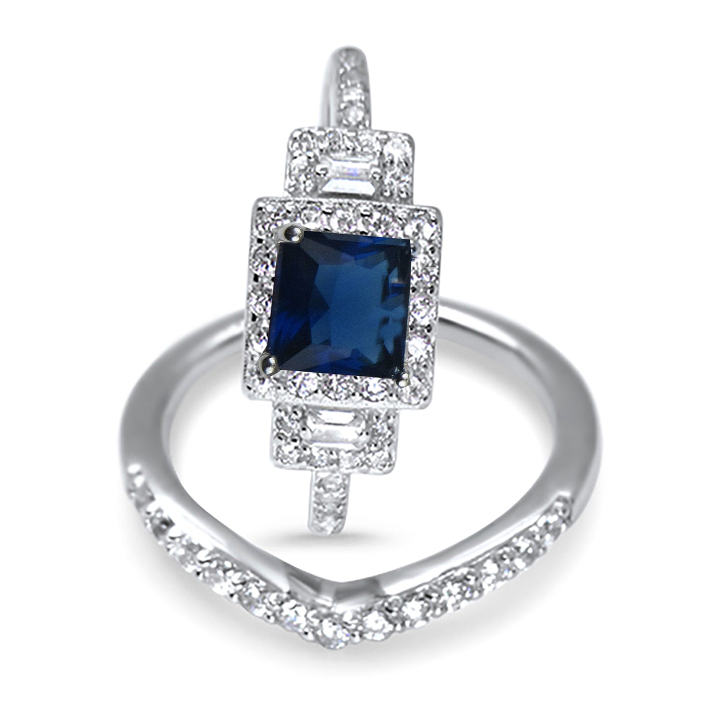 Princess Cut Blue Simulated Sapphire CZ Silver Wedding Ring Set