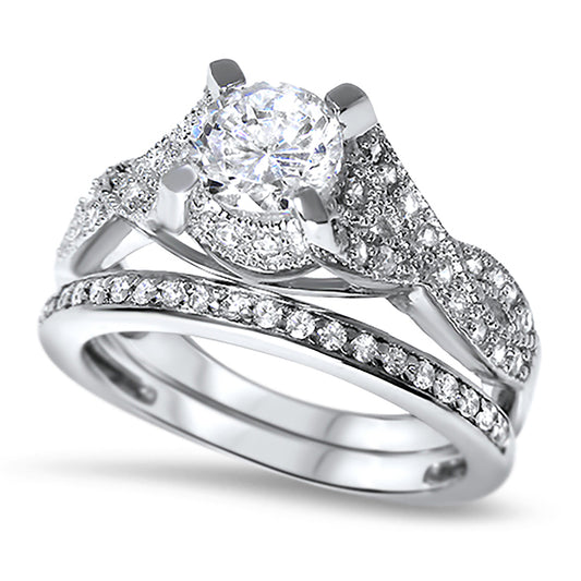 Antique CZ Wedding Engagement Ring Set in Sterling Silver