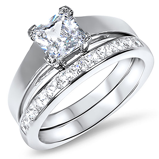 1 Carat Princess Cut CZ Silver Wedding Engagement Ring Set