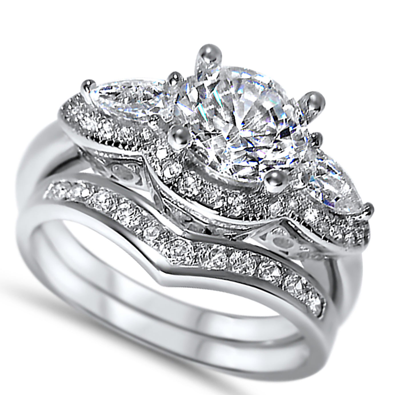 Vintage Style CZ Silver Wedding Ring Set for Women