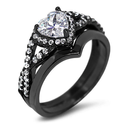 1 Carat Heart Cut Halo Setting Black Rhodium Plated Silver Wedding Engagement Ring Set