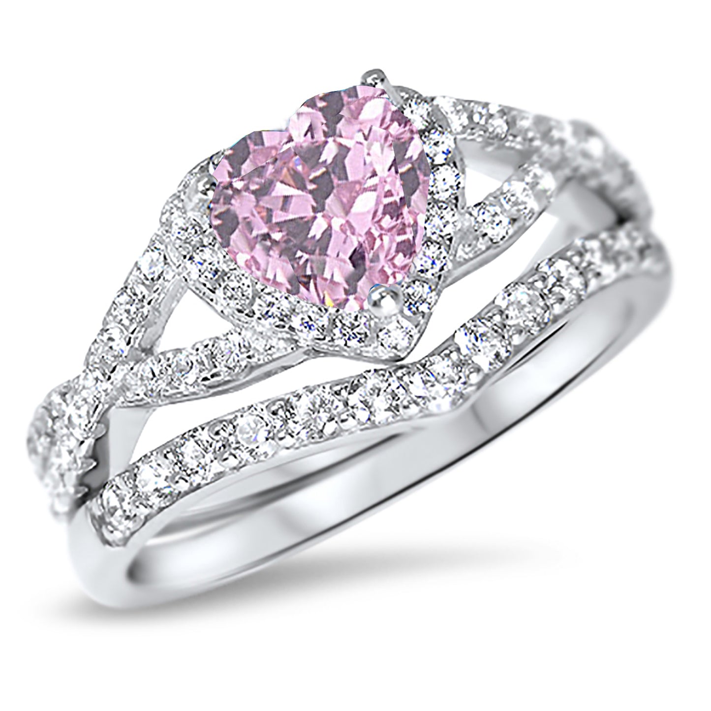 1 Carat Halo Heart Cut Pink CZ Wedding Ring Set in Sterling Silver