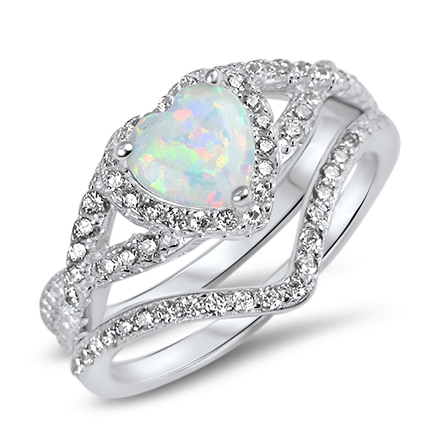 1 Carat Heart Cut Halo Set Lab Opal Sterling Silver Wedding Ring Set