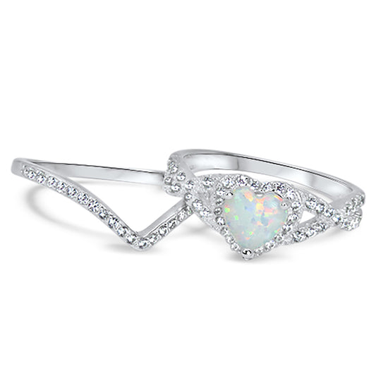 1 Carat Heart Cut Halo Set Lab Opal Sterling Silver Wedding Ring Set