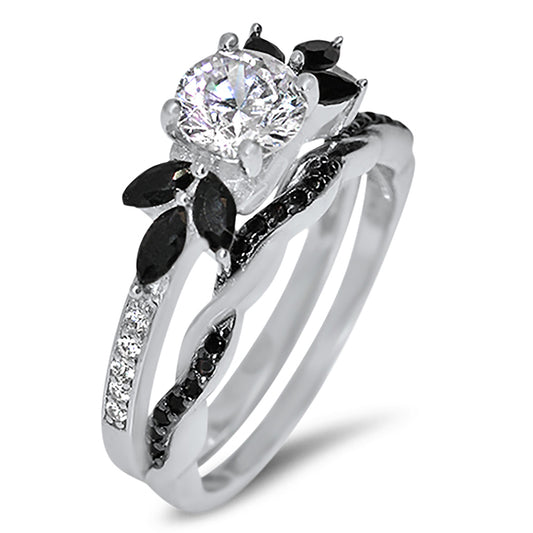 1 Carat CZ Sterling Silver Black White Unique Wedding Ring Set