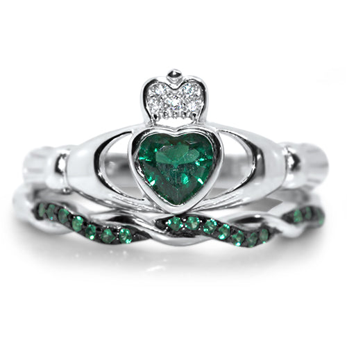 1 Carat Green Heart Cut CZ Claddagh Setting Wedding Ring Set